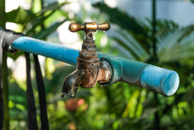 Close-up of rusty faucet at park