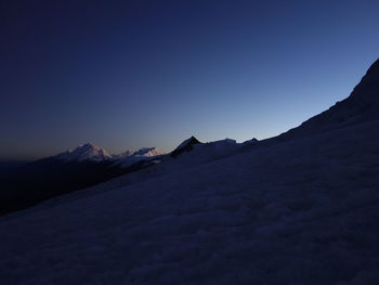 Scenic view of snowcapped mountains against clear blue sky