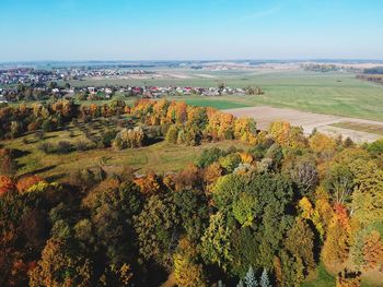 High angle view of trees on landscape against sky