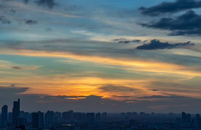 Scenic view of city against sky during sunset