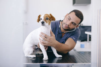 Male veterinarian examining puppy in hospital