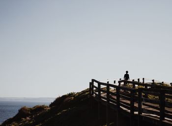 People looking at sea against clear sky