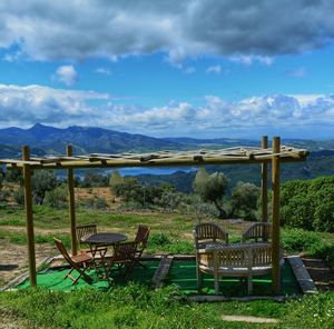 Scenic view of sea and mountains against sky