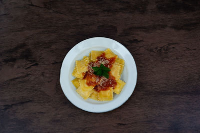 High angle view of breakfast served on table