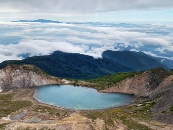 Scenic view of lake and mountains against sky