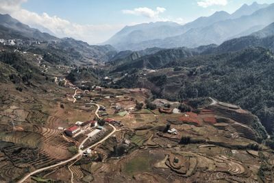 High angle view of landscape against cloudy sky in sapa