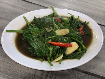 High angle view of salad in plate on table