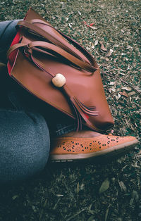 Low section of person wearing shoes on field