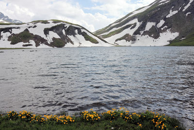 Scenic view of lake against cloudy sky