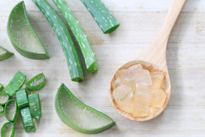 Close-up of aloe vera on wooden table