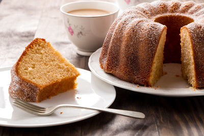 Close-up of cake served on table