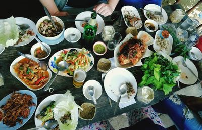 High angle view of food served on table