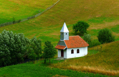 High angle view of chapel on landscape 