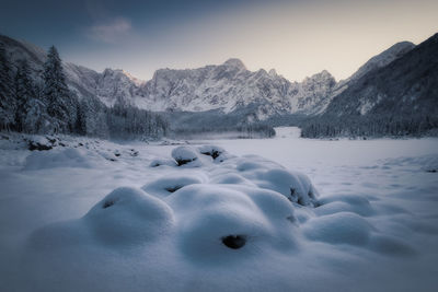 Scenic view of snow covered mountains against sky