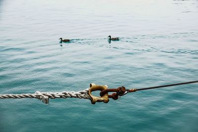 High angle view of rope tied to bollard