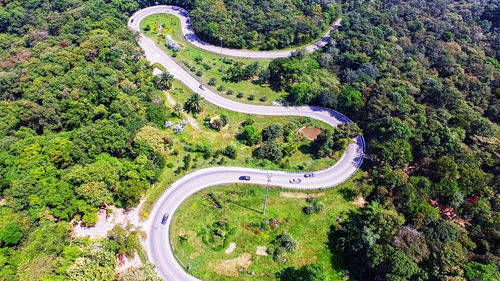 High angle view of winding road amidst trees