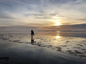 Rear view of man standing on beach during sunset