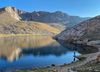 Scenic view of lake and mountains against clear sky