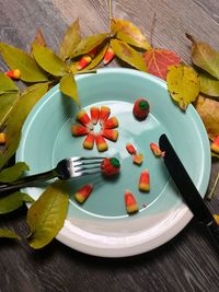 High angle view of candy corn on table