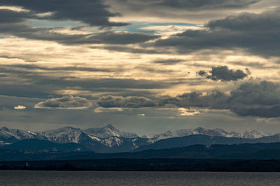 Scenic view of sea by snowcapped mountains against cloudy sky