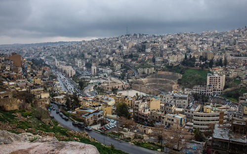 High angle shot of townscape against sky