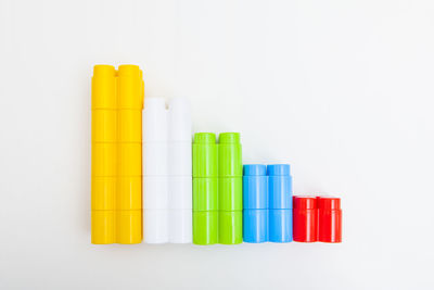 Close-up of multi colored pencils against white background