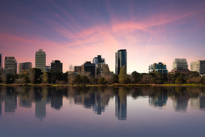 City skyline at sunset