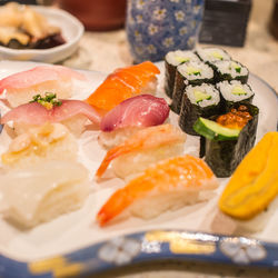 Close-up of sushi served in plate