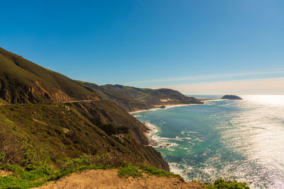 Scenic view of sea against clear blue sky