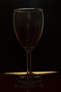 Close-up of wineglass on table against black background