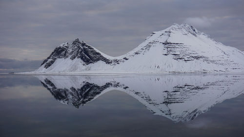 Scenic view of lake by snowcapped mountain against sky