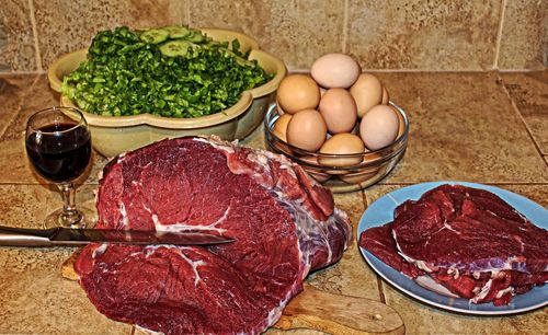 High angle view of vegetables on table