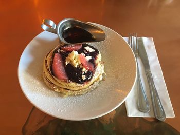 High angle view of breakfast in plate on table