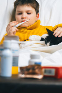 Sick day child boy thermometer illness home kid cat in sweater couch taking temperature. health care