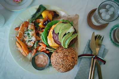 High angle view of vegetables in plate on table