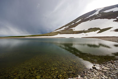 Alpine mountain lake landscape and view, snow and clouds in javakheti, georgia