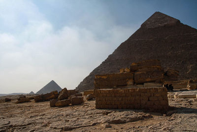 The three main pyramids at giza and the remains of other structures.