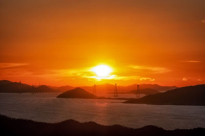 Scenic view of sea against romantic sky at sunset