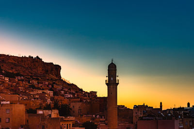 View of buildings in city at sunset