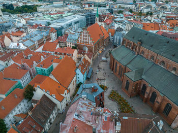 Establishing aerial bird eye view shot of riga, riga skyline, latvia.