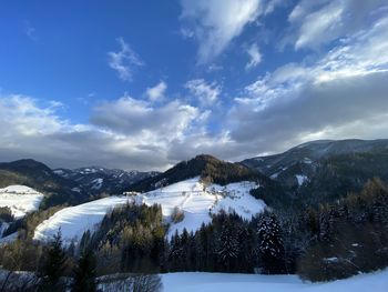 Scenic view of snowcapped mountains against sky during winter