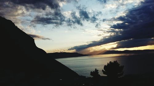 Scenic view of sea and mountains against sky