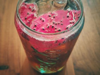 High angle view of drink in glass on table