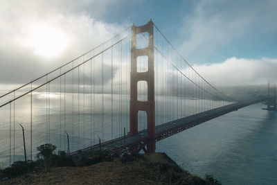 View of suspension bridge against cloudy sky