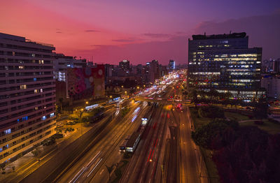 High angle view of illuminated city at night