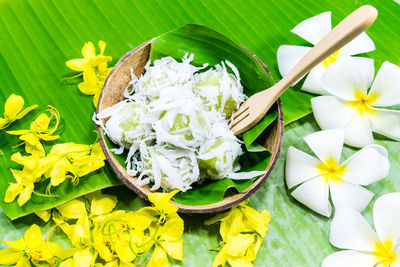 High angle view of white flowers and leaves on plant