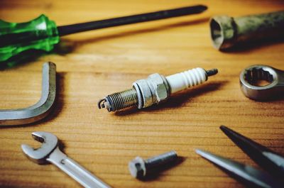 Close-up of work tools on table