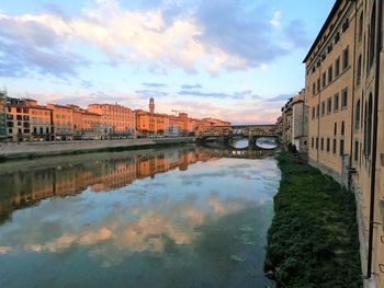Arch bridge over river amidst buildings against sky