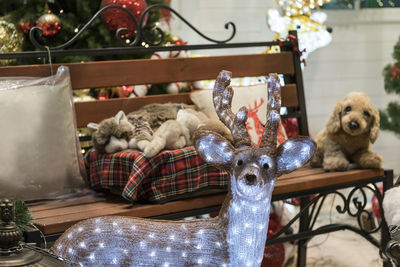 View of stuffed toys on table