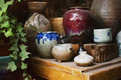 Close-up of earthenware on table